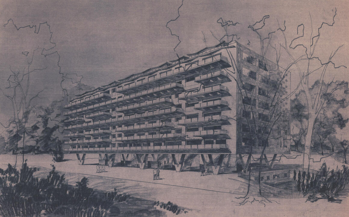 Sta. Jasinski, Perspective pour le projet d’immeuble à appartements Eden Green, av. de l’Observatoire à Uccle, 1960.<br> © CIVA COLLECTIONS	