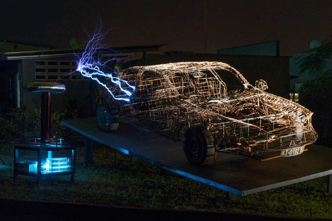 ‘Charging Tesla Crash, a Speculation’, Jean Katambayi, Sammy Baloji, Daddy Tshikaya, Marjolijn Dijkman <br> © Uriel Orlow	
