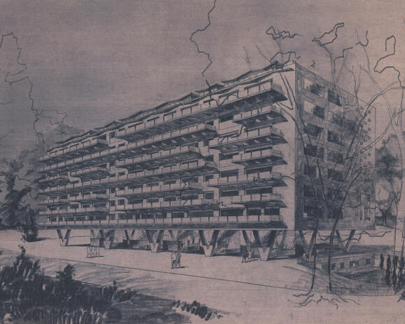 Sta. Jasinski, Perspective pour le projet d’immeuble à appartements Eden Green, av. de l’Observatoire à Uccle, 1960.