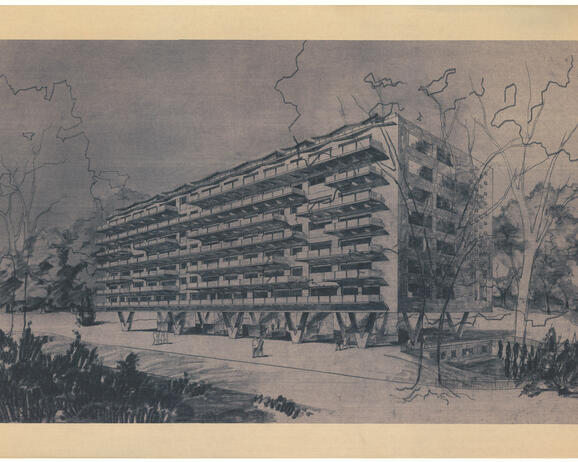 Sta. Jasinski, Perspective pour le projet d’immeuble à appartements Eden Green, av. de l’Observatoire à Uccle, 1960.